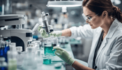 Scientist conducting research with a pipette and a beaker, indicative of the rigorous development process behind Dermalax filler products