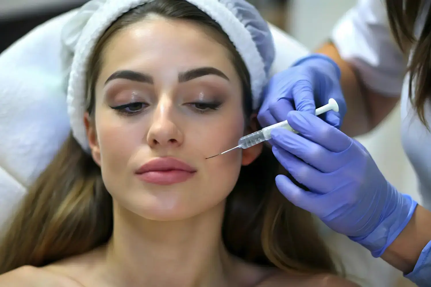 A woman with a headband is receiving a Neuramis filler injection in the cheek from a gloved practitioner. She has her eyes slightly closed and appears relaxed while lying back in the clinic setting.