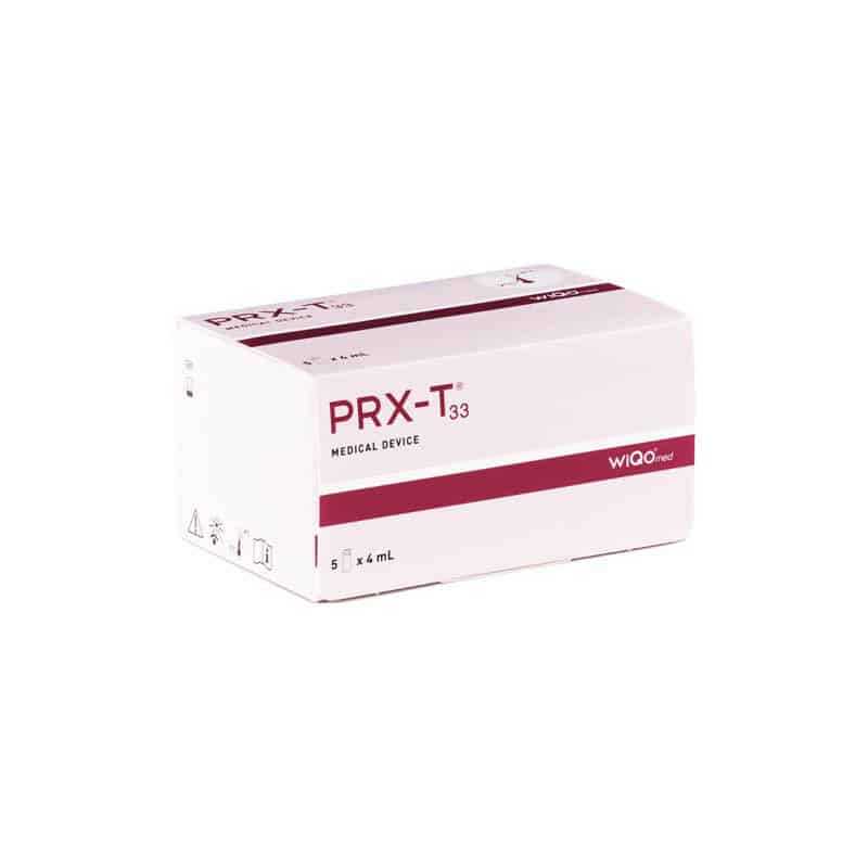 A rectangular white box with red accents labeled "PRX-T33® (WiQo®)" and "Medical Device." The box also features the brand name, "WIQMed," and shows it contains 5 vials of 4 mL each.