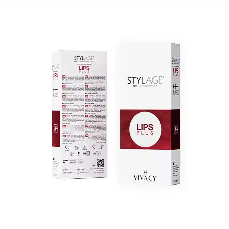 Image of packaging for STYLAGE® LIPS PLUS BI-SOFT®. The white box features a red and white design with text in English and other languages on the back. The front side prominently displays the product name "STYLAGE® LIPS PLUS BI-SOFT®" with the brand name "Vivacy" at the bottom.