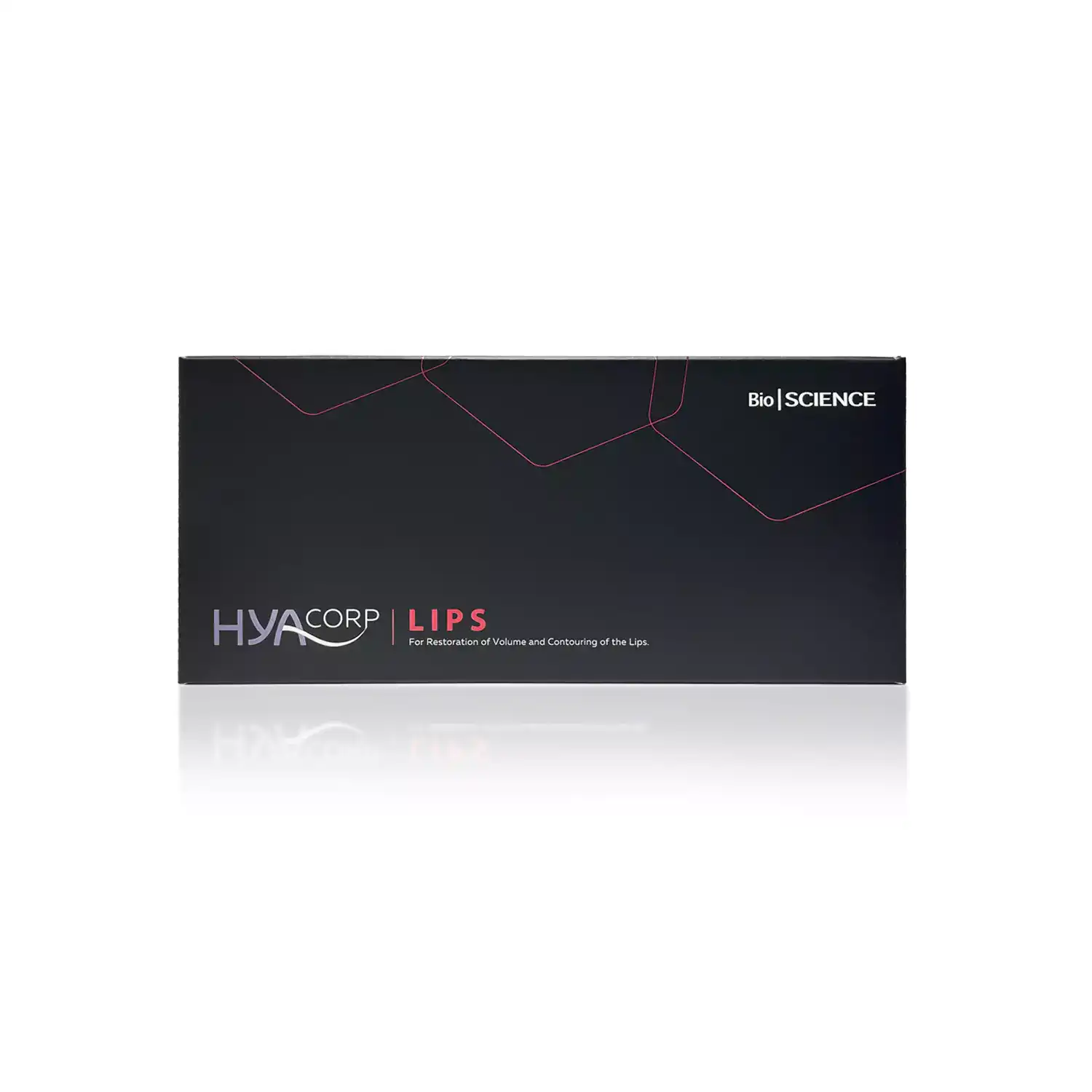 The image shows a black rectangular box with the brand "HYACORP LIPS®" in white and pink text. It has a sleek design with subtle pink geometric lines. The text indicates it is for the restoration of volume and contouring of the lips. The "Bio SCIENCE" logo is in the top right corner.