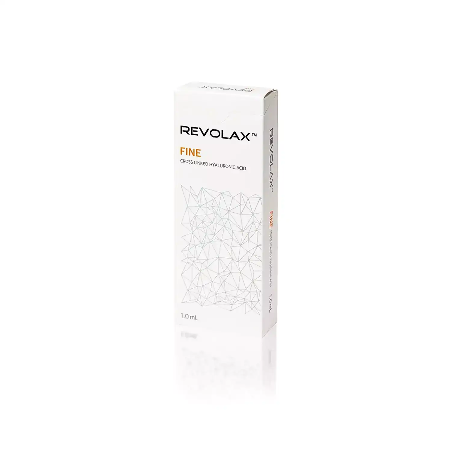 A white box of REVOLAX™ FINE with a geometric pattern on the front. The text reads "Revolax Fine Cross Linked Hyaluronic Acid." The box contains 1.0 mL of product.