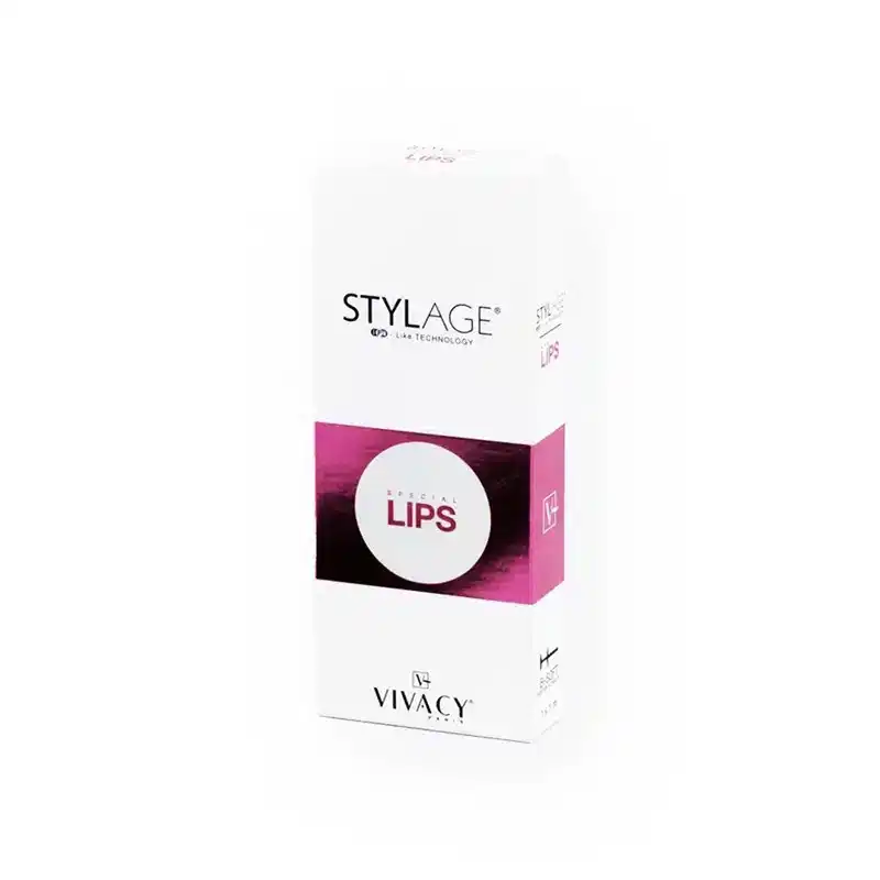 A white rectangular box of STYLAGE® SPECIAL LIPS BI-SOFT®, a lip enhancement product by Vivacy. The packaging features a purple shaded band across the middle with the word "LIPS" inside a white circle, and the Vivacy logo at the bottom.