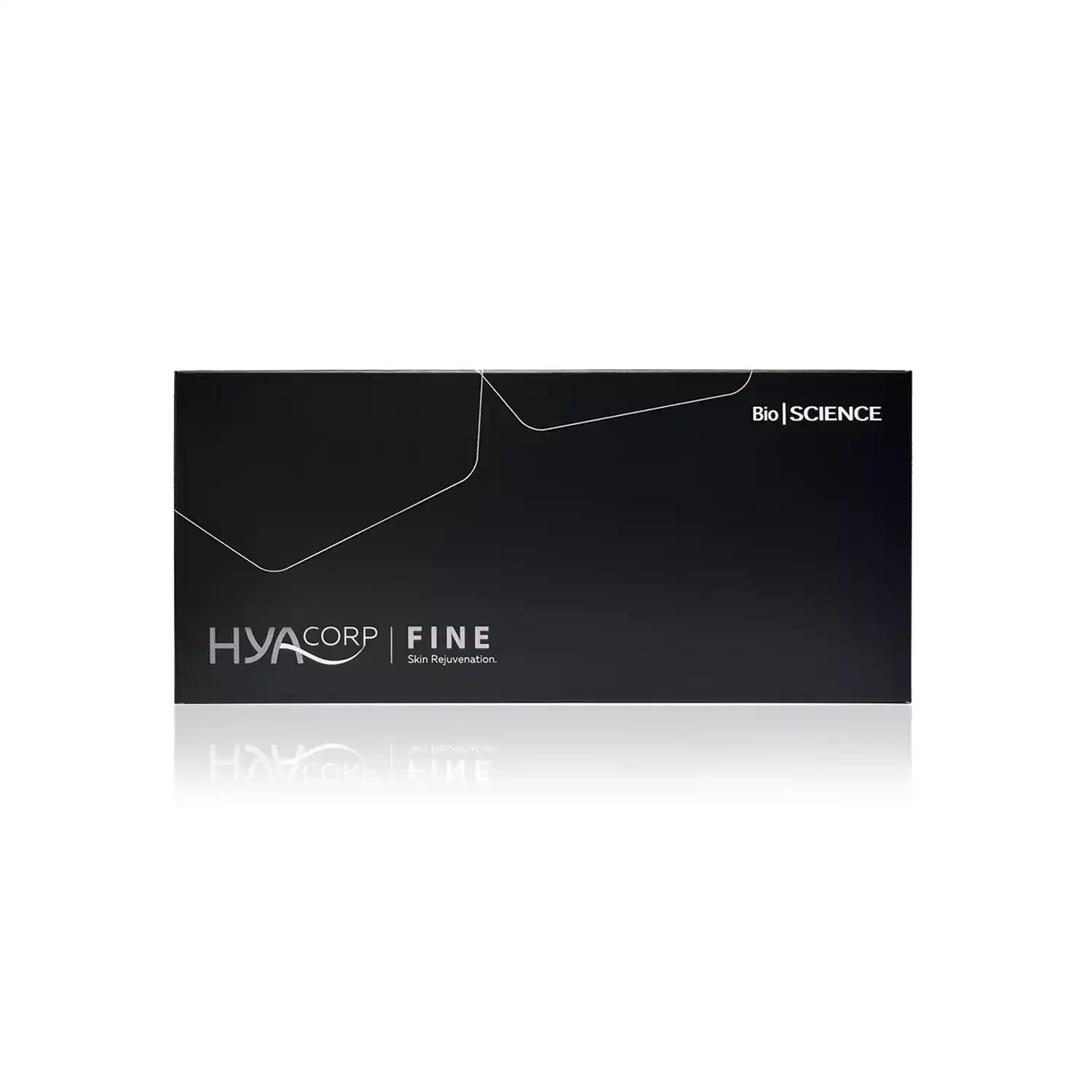 A rectangular black box labeled "HYACORP FINE®" with "Skin Rejuvenation" beneath it. The top right corner displays "Bio | Science" in white text. The box has minimalistic white line designs and a sleek, modern appearance.