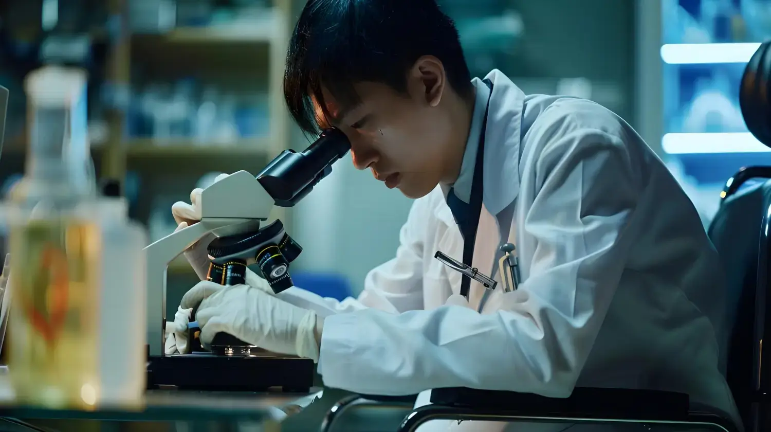 A person in a white lab coat and gloves is looking through a microscope in a laboratory setting. The background is blurred, showing shelves with bottles and lab equipment, suggesting a scientific research environment.