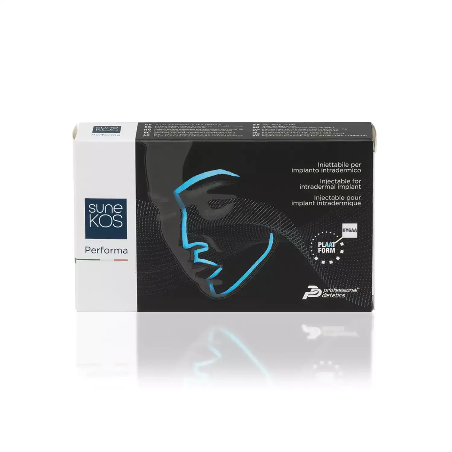 A product box labeled "SUNEKOS® PERFORMA" with a minimalist line drawing of a face on a black background. The text on the box indicates it is for intradermal implants. The packaging features blue accents and a logo in the top left corner.