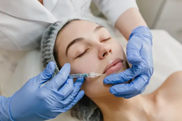 A person receiving a cosmetic injection in their lips while wearing a hair net. A practitioner in blue gloves administers the injection, with one hand gently holding the person's chin.