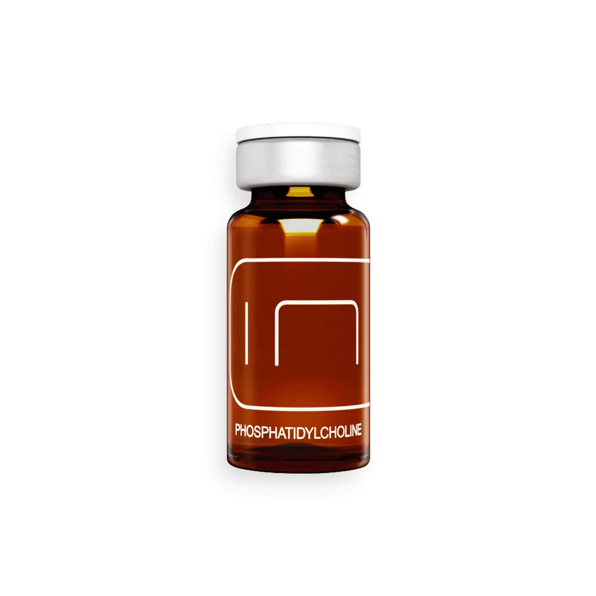 A small, amber-colored glass vial with a silver cap, labeled "PHOSPHATIDYLCHOLINE" in white text near the bottom. The vial has a modern, minimalist design with a white outline of a geometric shape on the front.