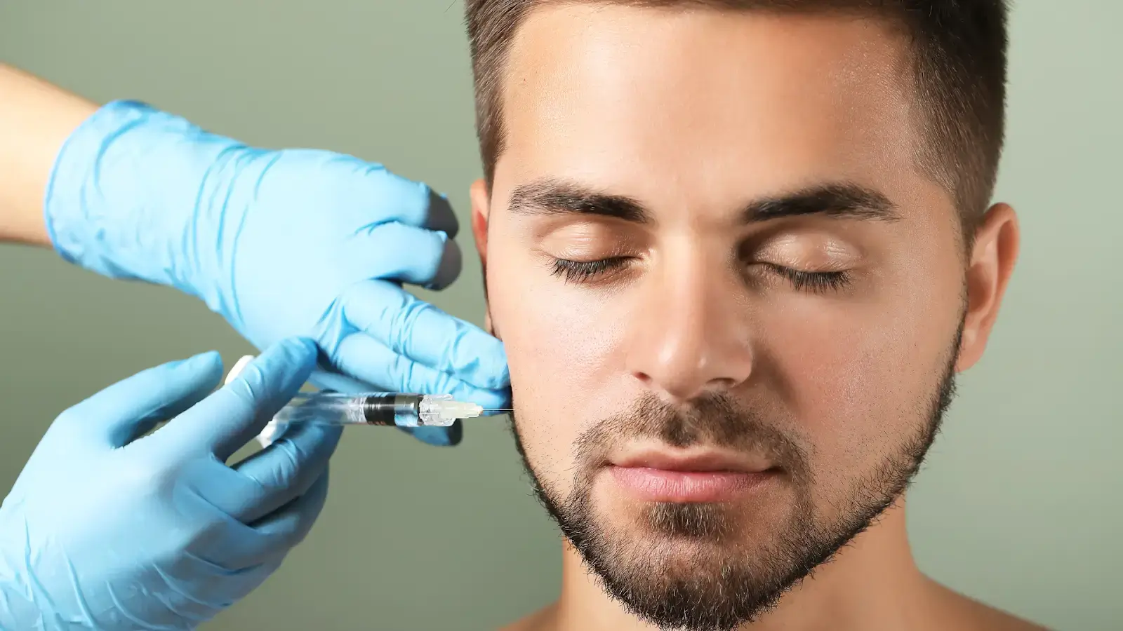 A man with closed eyes receives an injection in his cheek from a gloved hand holding a syringe. He has a well-groomed beard and short hair, and the background is a soft green color.