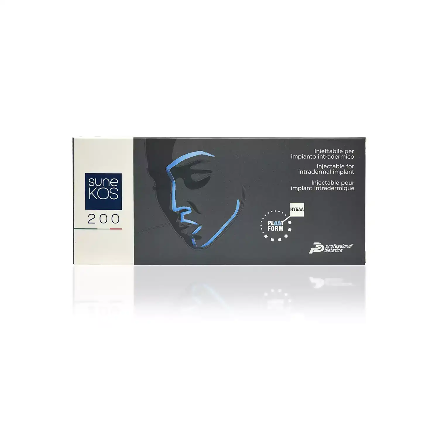 A rectangular box of SUNEKOS® 200, featuring a blue silhouette of a face on a dark background. Text on the box indicates that it is an injectable product for intradermic implantation, with additional branding and details about the product.