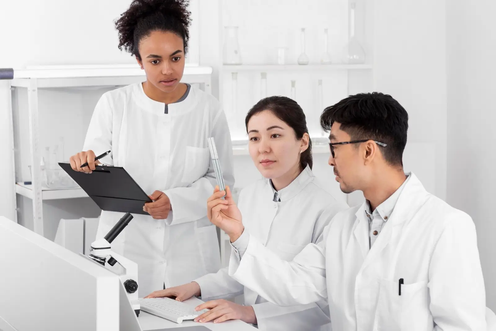 Three scientists in white lab coats are in a laboratory. Two are seated; one is holding a test tube, and the other is on a computer. The third stands nearby holding a clipboard. They are engaged in discussion with laboratory equipment around them.