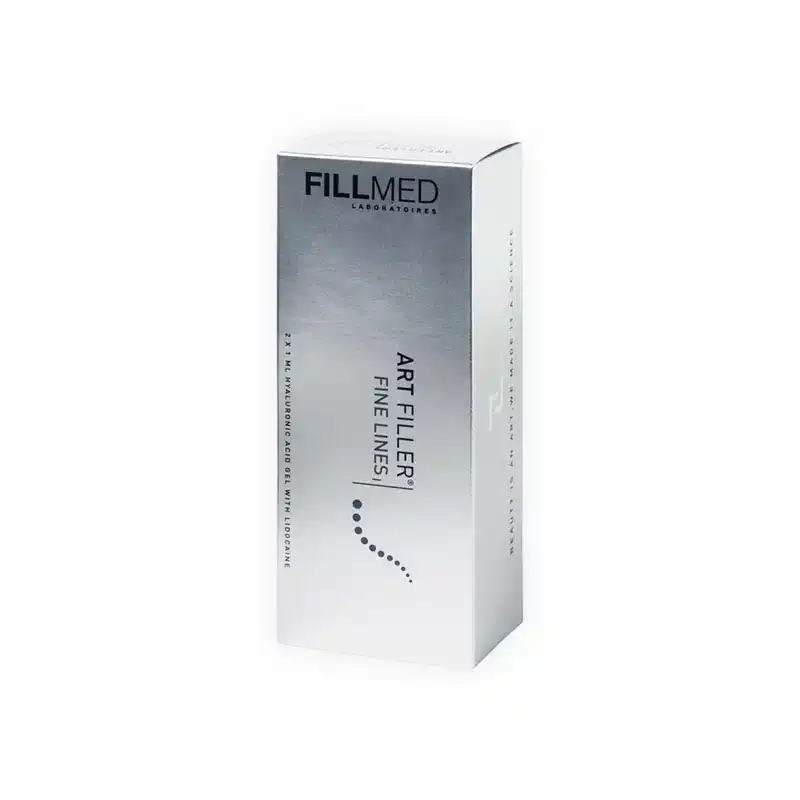 A white and silver box labeled "FILLMED® ART FILLER FINE LINES with Lidocaine." The box features a sleek, modern design with black text and a minimalist graphic of small dots. The product is likely related to skincare or cosmetic treatments.