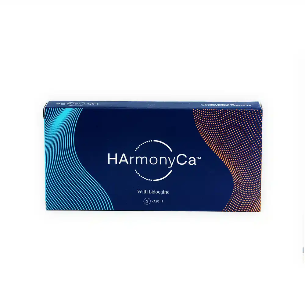 A rectangular blue box labeled "HArmonyCA™" is centered against a white background. The box features wavy blue and orange gradient lines on the sides. Below the text, it indicates "1 x 1.25 mL.