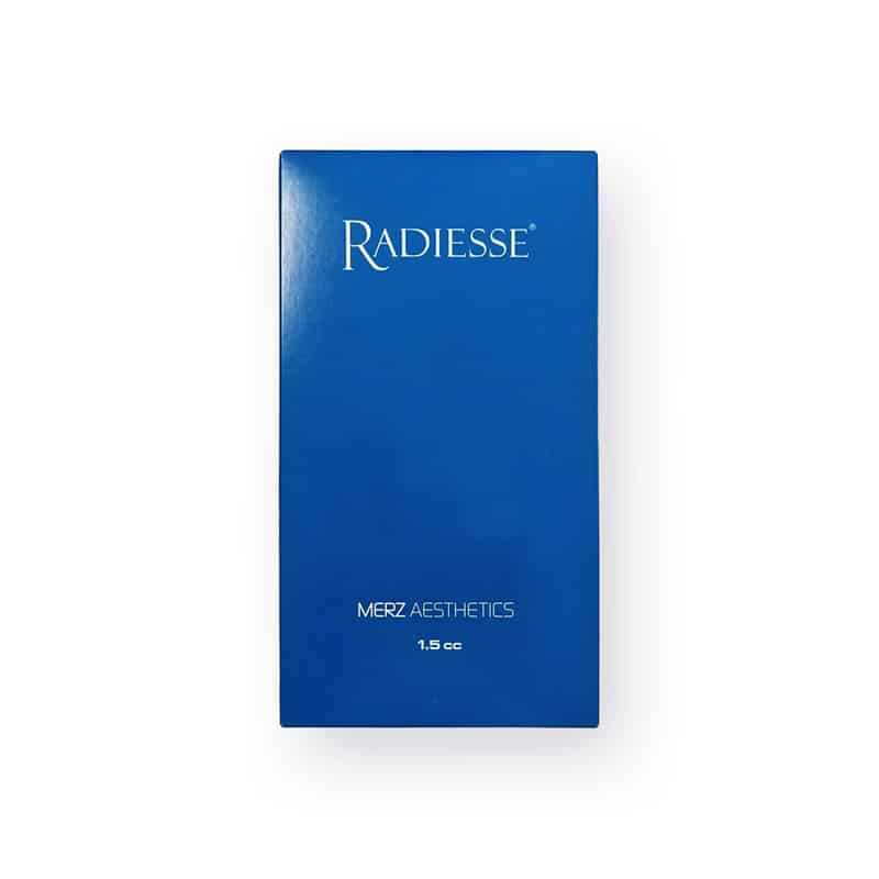 Blue rectangular box labeled "RADIESSE® 1.5ml" at the top center and "Merz Aesthetics 1.5 cc" at the bottom. The box has a clean and minimalist design with white text against the blue background.