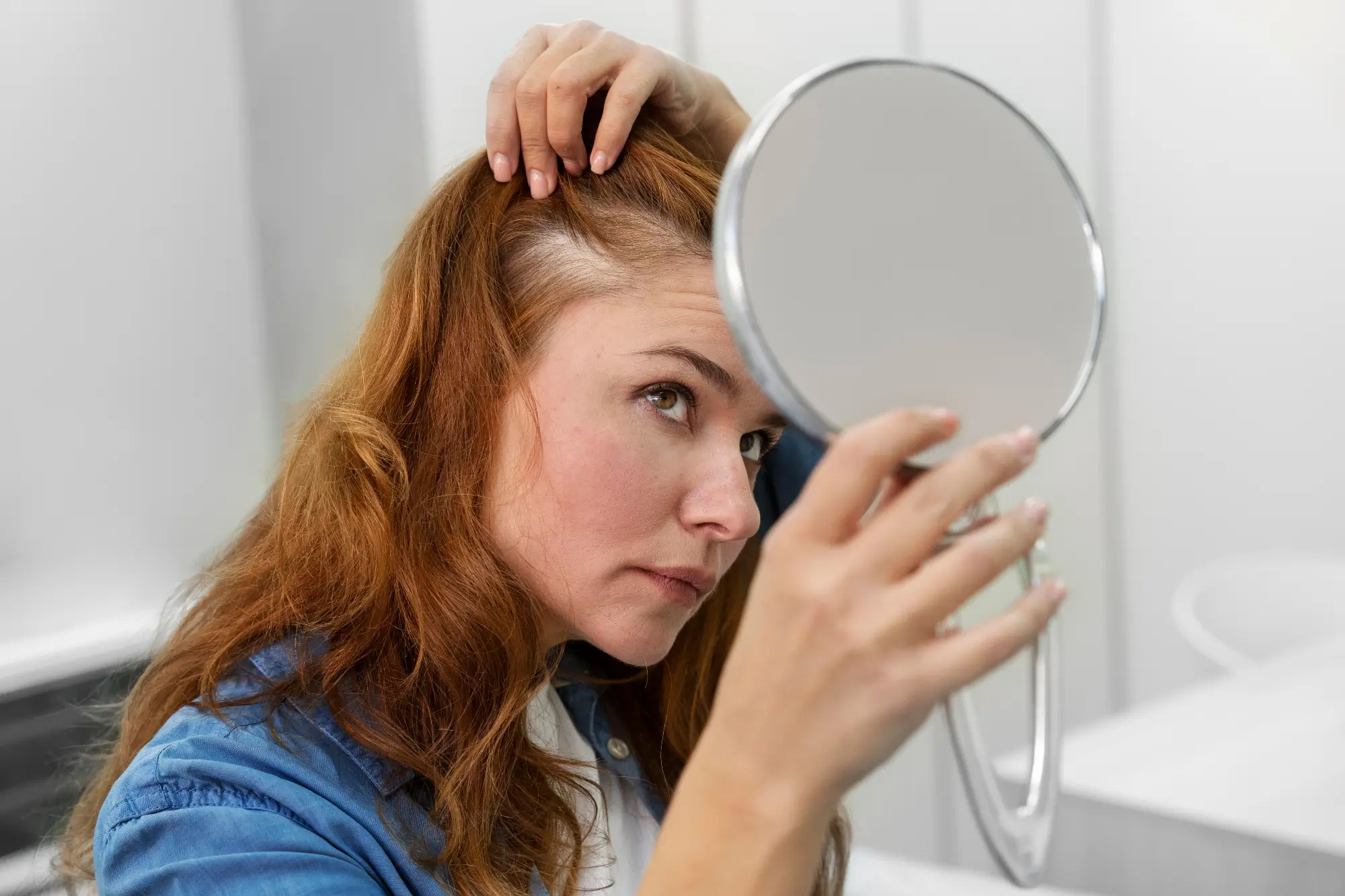 A person with long, red hair examines their scalp in a handheld mirror, looking for signs of hair thinning. They are wearing a blue shirt and are in a brightly lit room with a blurred background.