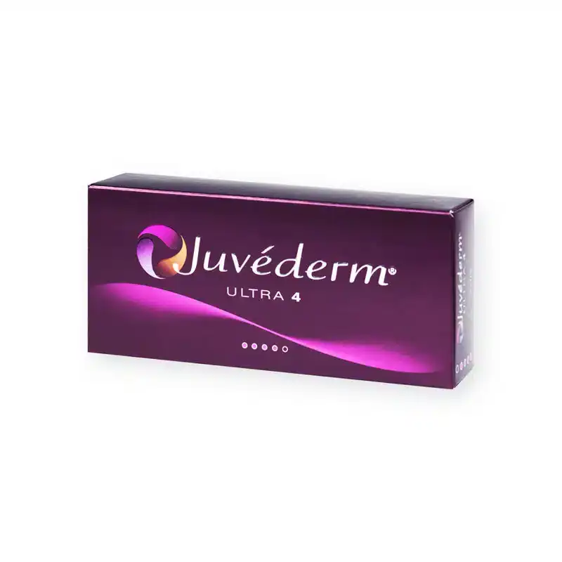 A rectangular purple box with the JUVÉDERM® ULTRA 4 logo prominently displayed. The background features gradient purple tones and a subtle wave design. The logo includes a curved, stylized graphic element in shades of pink, orange, and purple.