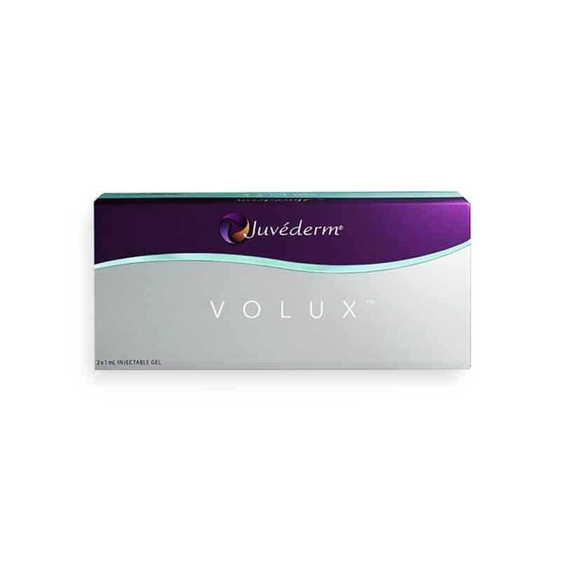 A rectangular box with a white and purple design labeled "JUVÉDERM® VOLUX® with Lidocaine" in large letters. The box appears to be packaging for an injectable gel product.