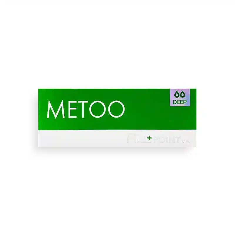 An image of a green and white rectangular METOO FILL DEEP product box. The green top half has the word "METOO" in large white letters and a small icon labeled "DEEP" with two droplets. The white bottom half appears to have some text and a medical cross symbol.