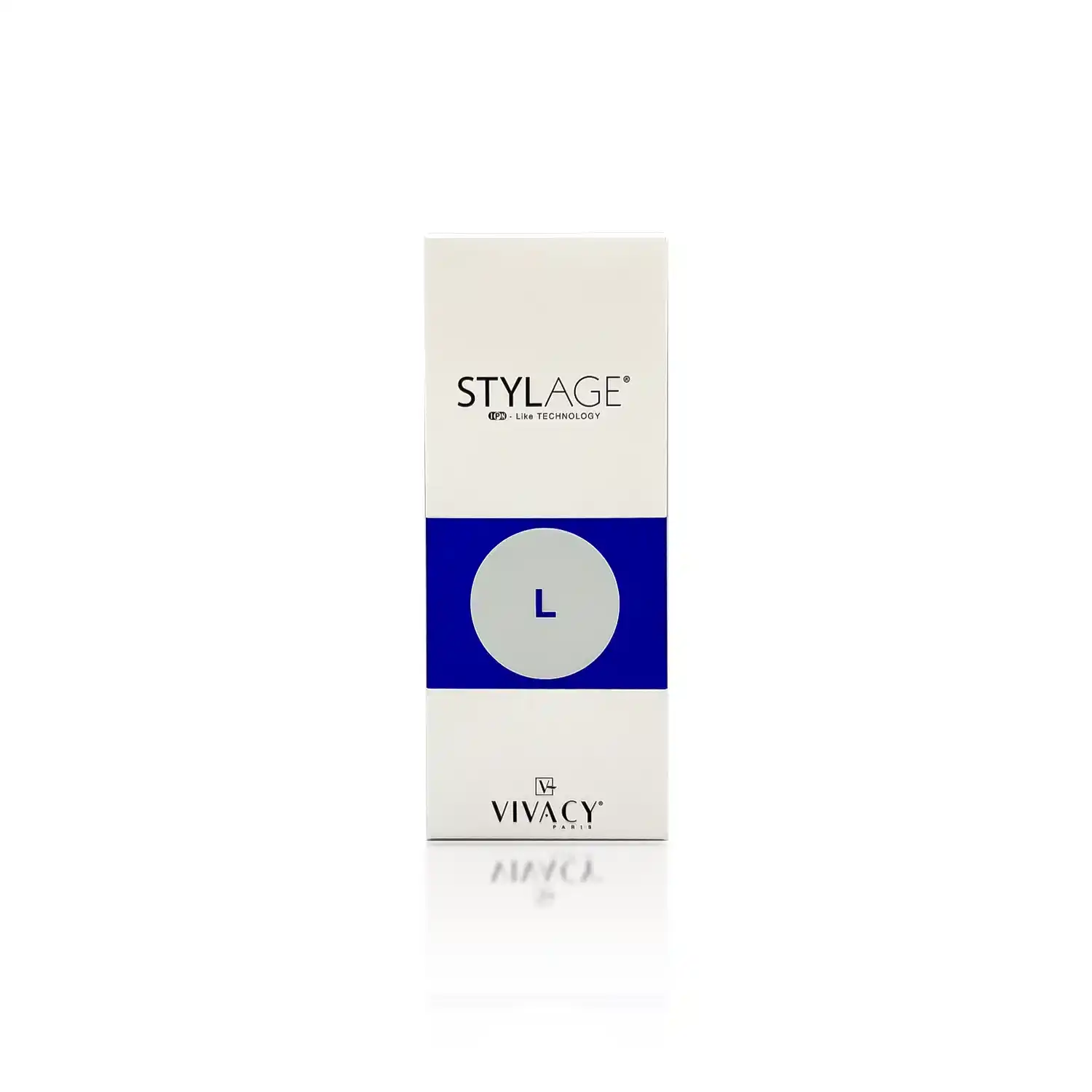 A white rectangular box with a blue band, featuring the product name "STYLAGE® L BI-SOFT®" in black letters and the letter "L" in the center inside a grey circle. The brand "Vivacy" is labeled at the bottom with a logo above it.