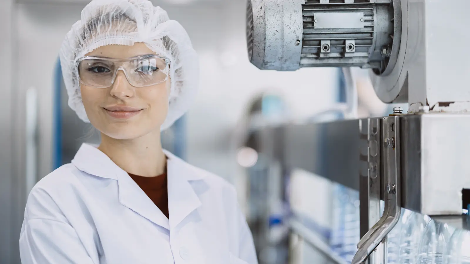 A person wearing a white lab coat, hairnet, and safety goggles stands in a facility.