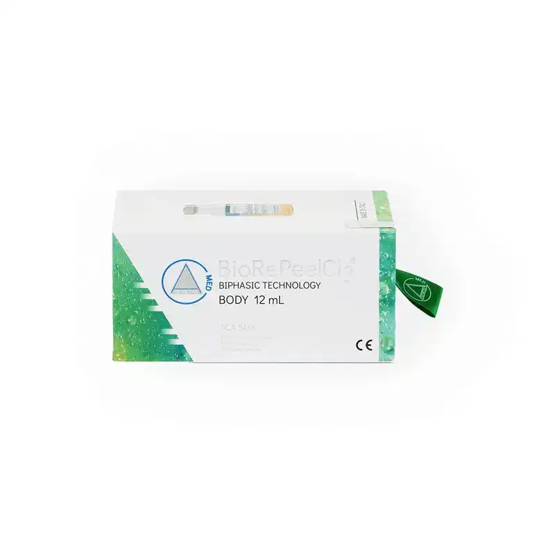 A white rectangular box of BIOREPEELCL3® BODY with green accents. The box is labeled "Biphasic Technology Body 12 mL". A small green tab protrudes from the right side. The packaging features a logo with a blue triangle and circular design.