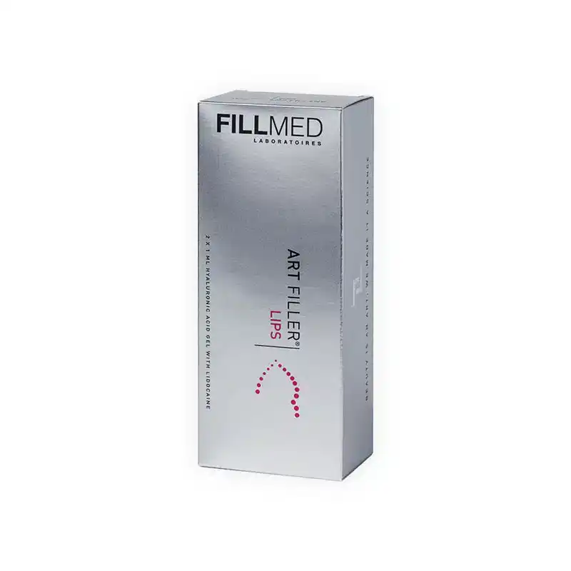 A silver box with black text labeled "FILLMED® ART FILLER LIPS with Lidocaine." The box also features a pink graphic and additional text indicating its contents, likely a cosmetic product intended for lip enhancement.