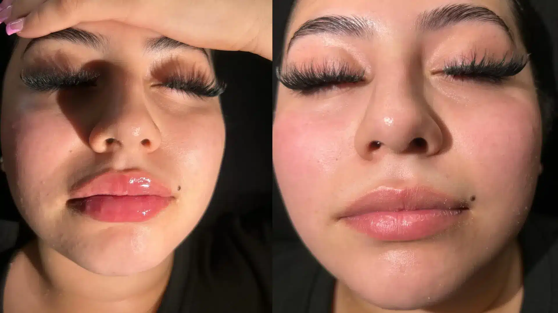 Close-up of a person with closed eyes, focusing on their lips and eyelashes. The left image shows glossy lips and long lashes, with a hand on the forehead. The right image shows the same person with slightly parted lips and visible freckles.