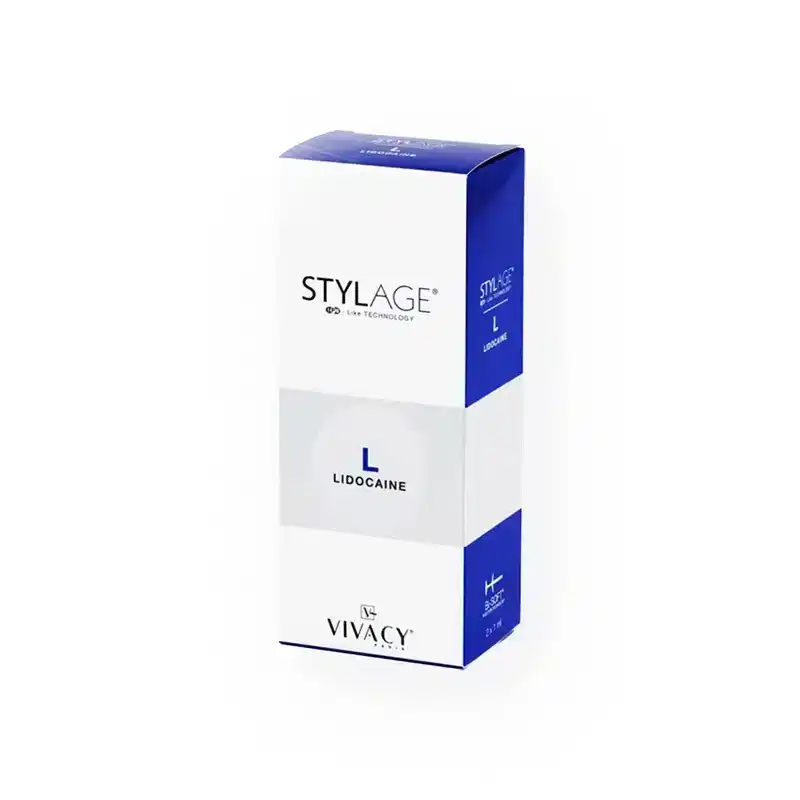 Photograph of a rectangular box standing upright. The box is branded with "STYLAGE® L with Lidocaine" and "Vivacy" labeled with "Lidocaine." It has a blue and white color scheme with "L" prominently displayed in the center. The box appears to contain a medical or cosmetic product.